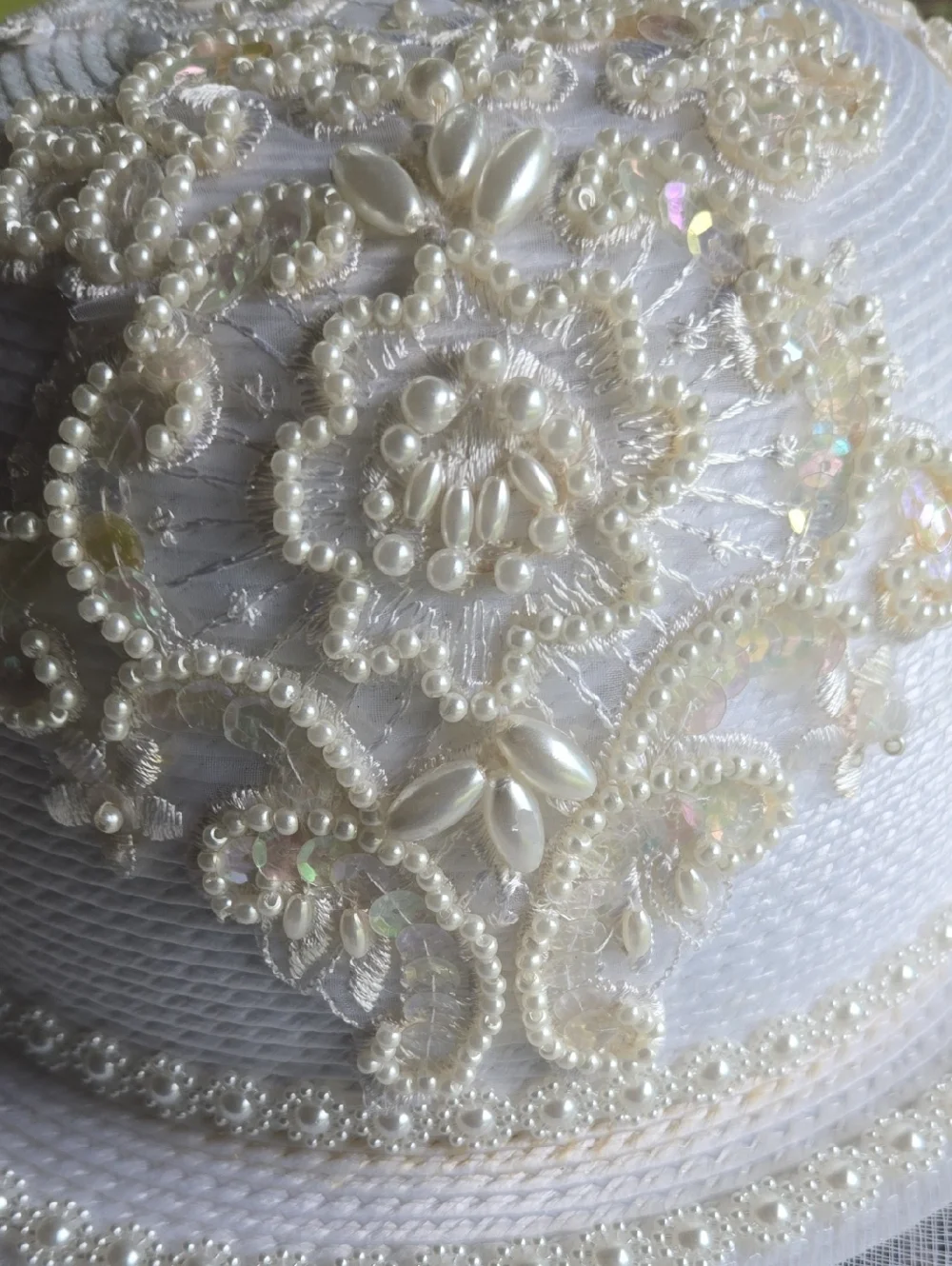 White Pearl Trim Wide Brim Church Hat - Picture 3 of 10